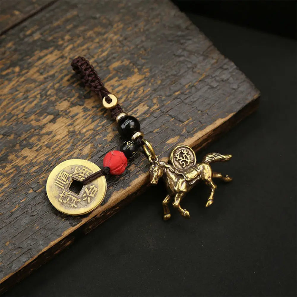 Buddha Stones Year Of The Horse Copper Brass Five-emperor Coins Pixiu Ward Off Evil Spirits Key Chain - Red Black Bead