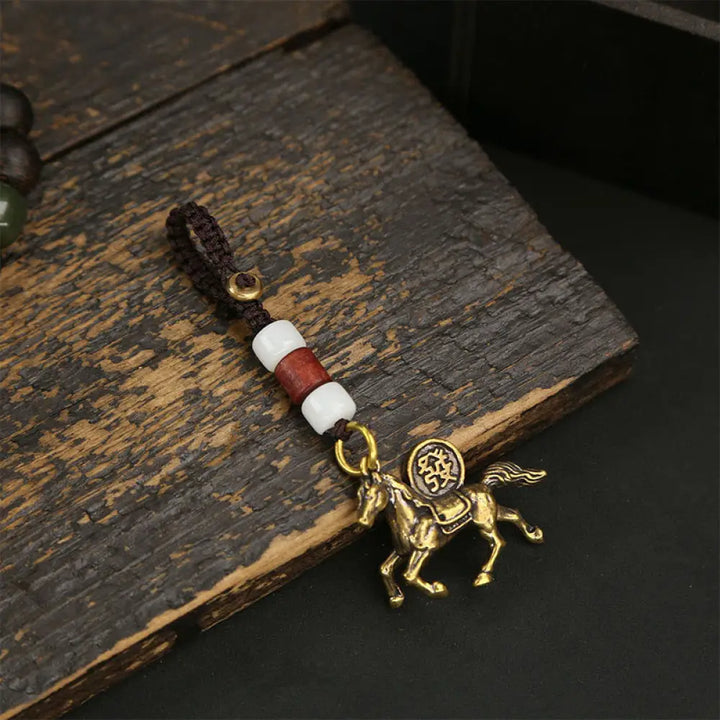 Buddha Stones Year Of The Horse Copper Brass Five-emperor Coins Pixiu Ward Off Evil Spirits Key Chain - White Bead