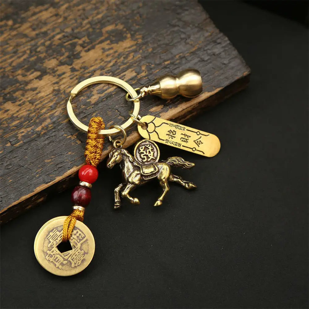 Buddha Stones Year Of The Horse Copper Brass Five-Emperor Coins Wealth Key Chain - Five-Emperor Coins Wealth-Attracting