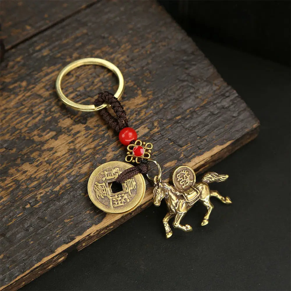 Buddha Stones Year Of The Horse Copper Brass Five-Emperor Coins Wealth Key Chain - Five-Emperor Coins Brown String