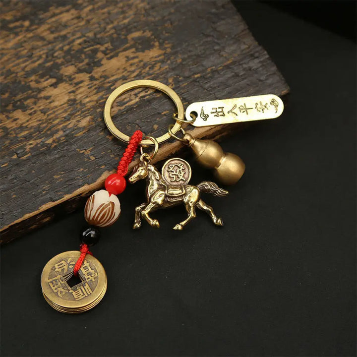 Buddha Stones Year Of The Horse Copper Brass Five-Emperor Coins Wealth Key Chain - Five-Emperor Coins Peace Horse - Key