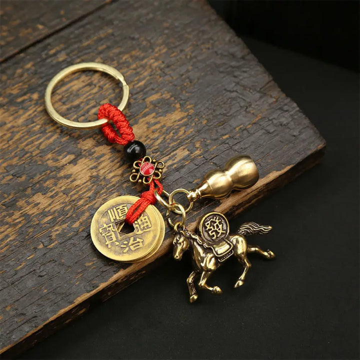Buddha Stones Year Of The Horse Copper Brass Five-Emperor Coins Wealth Key Chain - Five-Emperor Coins Red String Horse