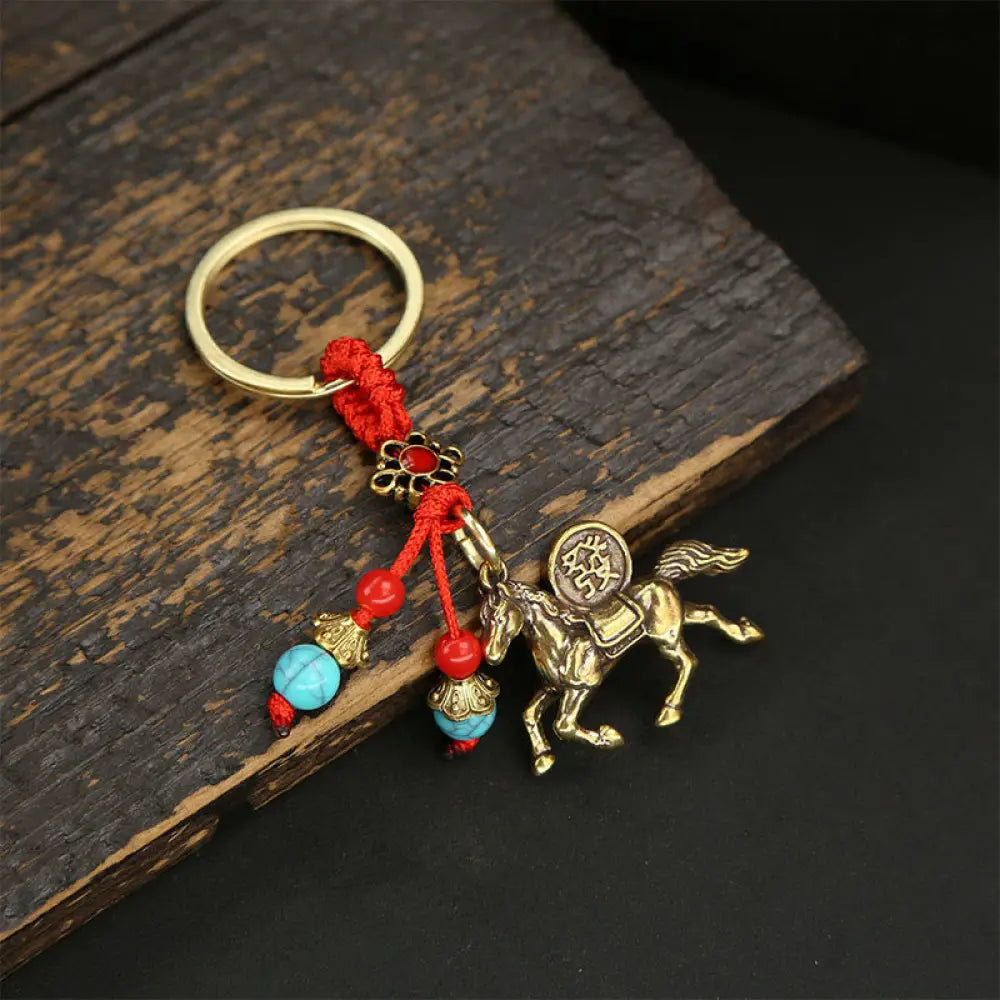 Buddha Stones Year Of The Horse Copper Brass Five-Emperor Coins Wealth Key Chain - Red String Blue Bead Horse - Key