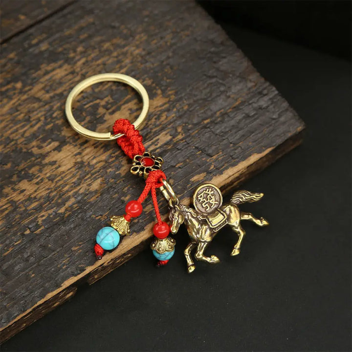 Buddha Stones Year Of The Horse Copper Brass Five-Emperor Coins Wealth Key Chain - Red String Blue Bead Horse - Key