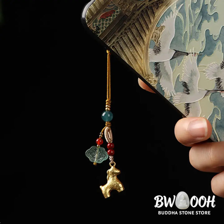 Buddha Stones Year of the Horse Copper Cinnabar Blue Chalcedony Red Agate Liuli Luck Phone Hanging Decoration - Phone