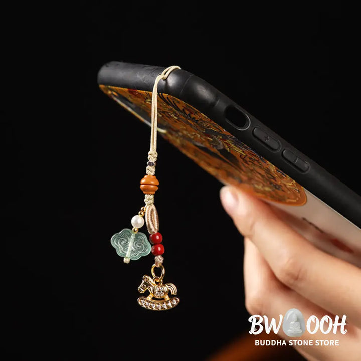 Buddha Stones Year of the Horse Copper Cinnabar Blue Chalcedony Red Agate Liuli Luck Phone Hanging Decoration - Phone