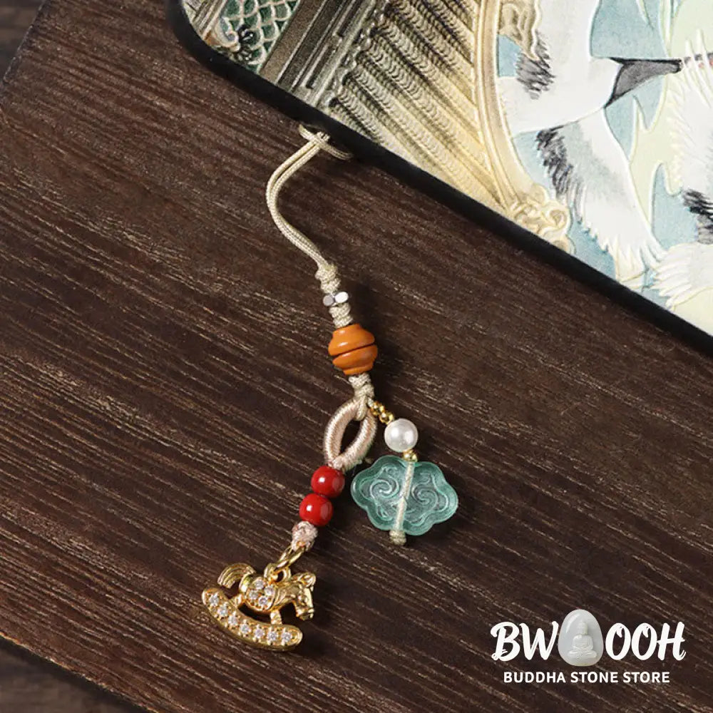 Buddha Stones Year of the Horse Copper Cinnabar Blue Chalcedony Red Agate Liuli Luck Phone Hanging Decoration - Phone