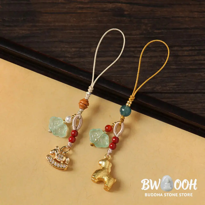 Buddha Stones Year of the Horse Copper Cinnabar Blue Chalcedony Red Agate Liuli Luck Phone Hanging Decoration - Phone