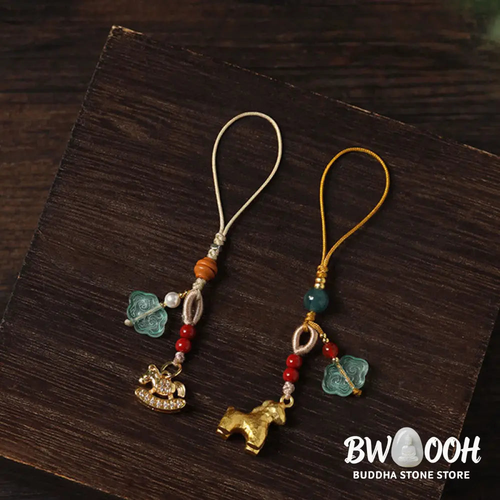 Buddha Stones Year of the Horse Copper Cinnabar Blue Chalcedony Red Agate Liuli Luck Phone Hanging Decoration - Phone
