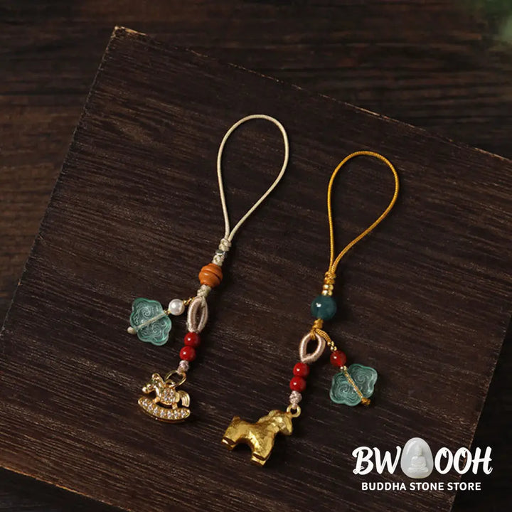 Buddha Stones Year of the Horse Copper Cinnabar Blue Chalcedony Red Agate Liuli Luck Phone Hanging Decoration - Phone