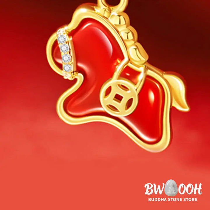 Buddha Stones Year Of The Horse Copper Coin 925 Sterling Silver Red Agate Blessing Necklace Pendants - BWOOOH - 925