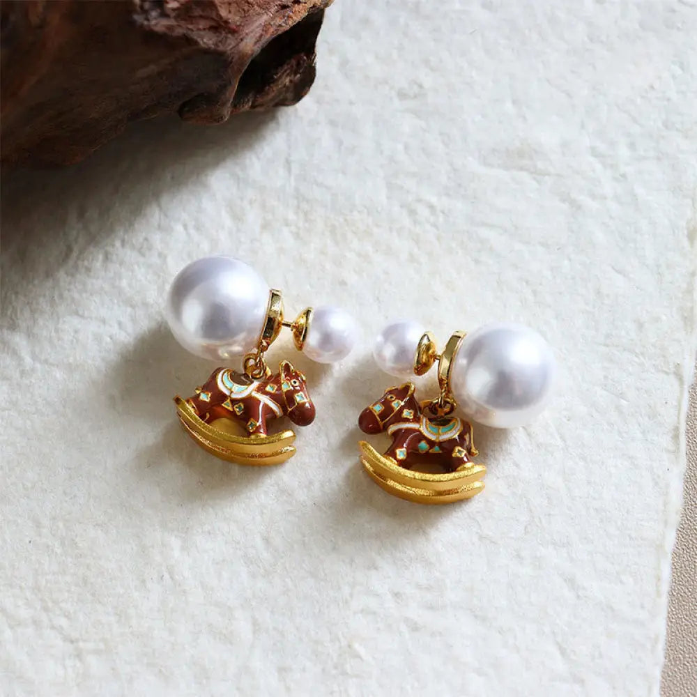 Buddha Stones Year Of The Horse Copper Pearl Balance Earrings - Copper Red Horse (925 Silver Posts) - Earrings