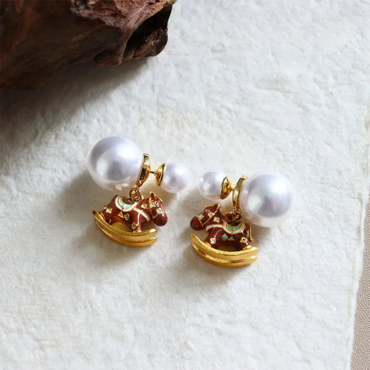 Buddha Stones Year Of The Horse Copper Pearl Balance Earrings - Copper Red Horse (925 Silver Posts) - Earrings