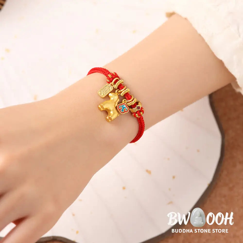 Buddha Stones Year Of The Horse Copper Red String Fu Character Lotus Luck Bracelet - Bracelet
