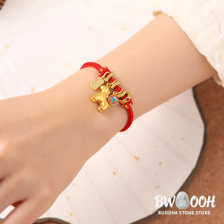 Buddha Stones Year Of The Horse Copper Red String Fu Character Lotus Luck Bracelet - Bracelet