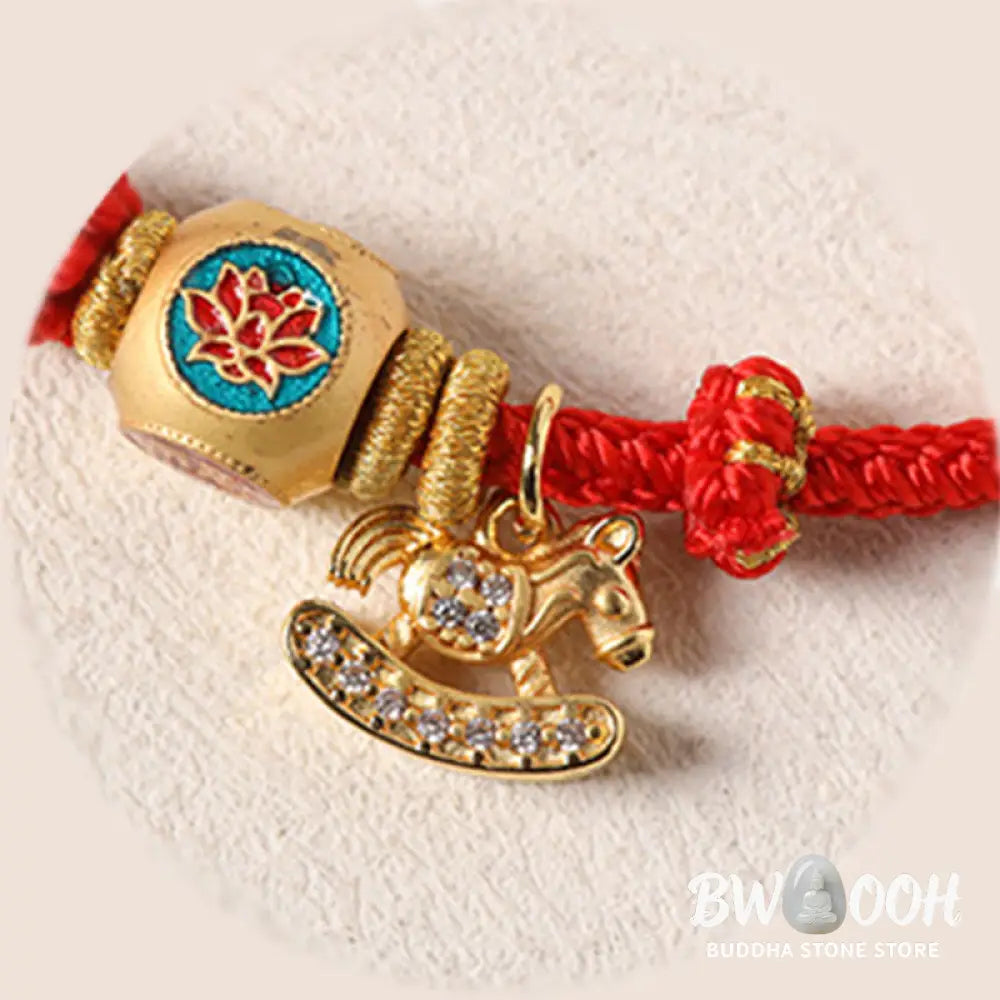Buddha Stones Year Of The Horse Copper Red String Fu Character Lotus Luck Bracelet - Bracelet