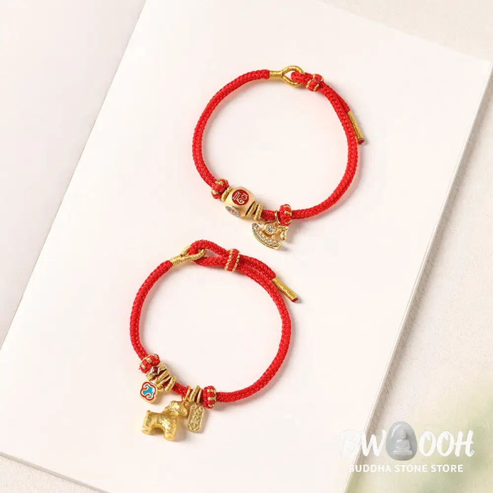 Buddha Stones Year Of The Horse Copper Red String Fu Character Lotus Luck Bracelet - Bracelet