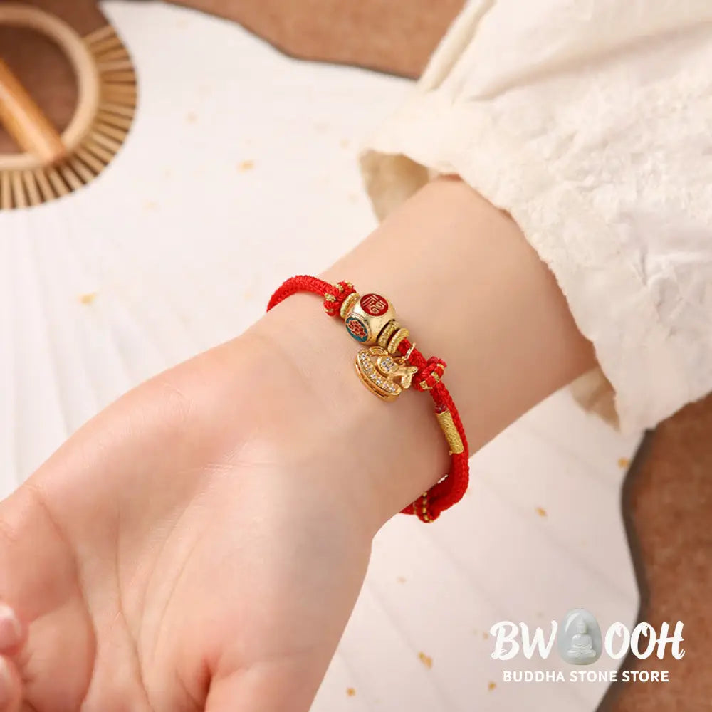 Buddha Stones Year Of The Horse Copper Red String Fu Character Lotus Luck Bracelet - Bracelet