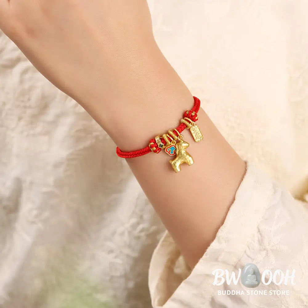Buddha Stones Year Of The Horse Copper Red String Fu Character Lotus Luck Bracelet - Bracelet