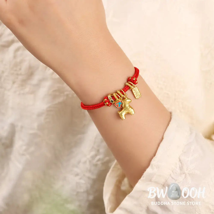 Buddha Stones Year Of The Horse Copper Red String Fu Character Lotus Luck Bracelet - Bracelet