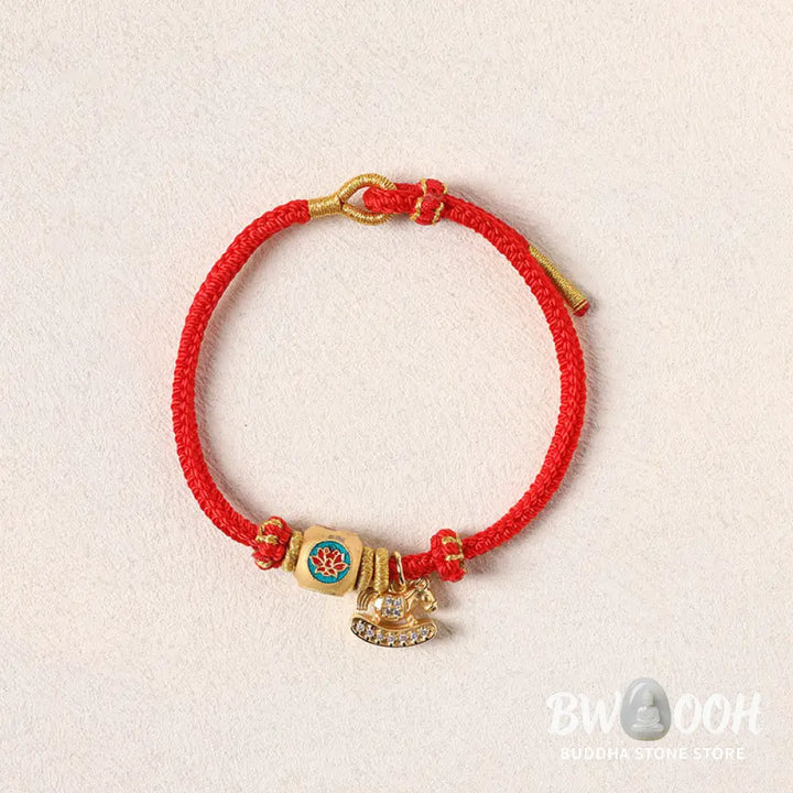 Buddha Stones Year Of The Horse Copper Red String Fu Character Lotus Luck Bracelet - Bracelet