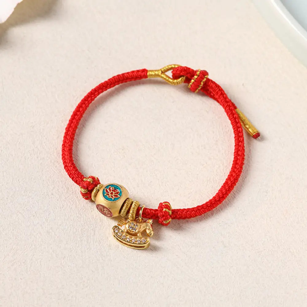 Buddha Stones Year Of The Horse Copper Red String Fu Character Lotus Luck Bracelet - Copper Fu Character(Wrist
