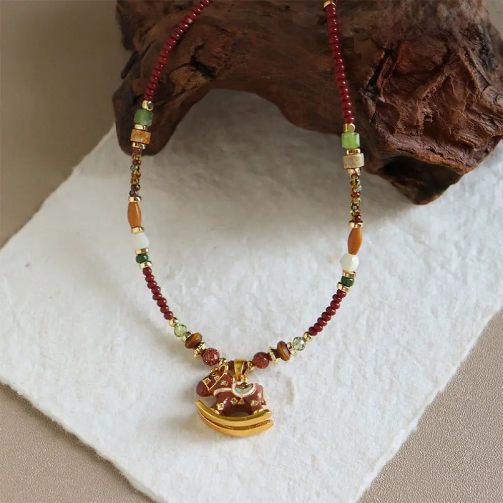 Buddha Stones Year Of The Horse Copper Tiger Eye Various Beads Balance Necklace Pendants - BWOOOH - Red Horse
