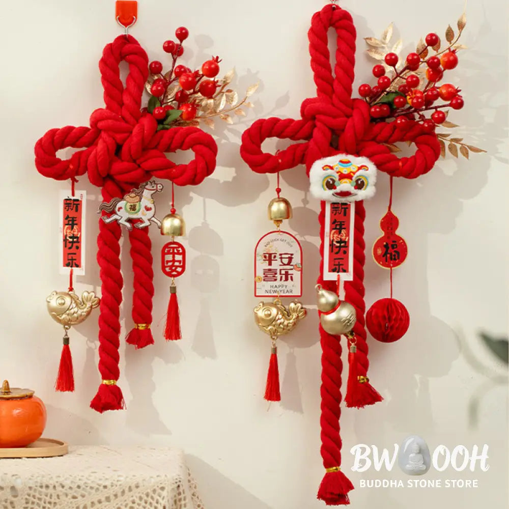 Buddha Stones Year of the Horse Dancing Lion Fu Character Chinese Knotting Fortune Decoration - Decorations