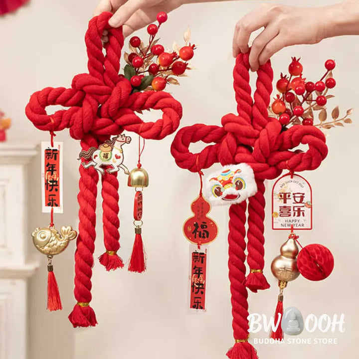 Buddha Stones Year of the Horse Dancing Lion Fu Character Chinese Knotting Fortune Decoration - Decorations