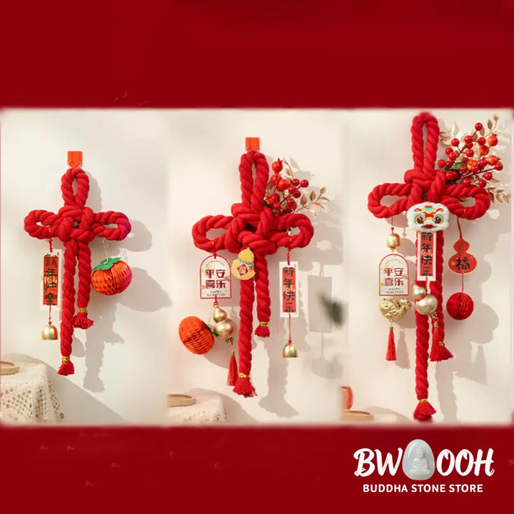 Buddha Stones Year of the Horse Dancing Lion Fu Character Chinese Knotting Fortune Decoration - Decorations