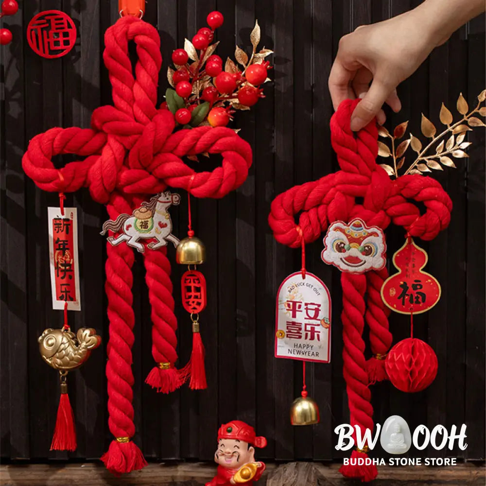 Buddha Stones Year of the Horse Dancing Lion Fu Character Chinese Knotting Fortune Decoration - Decorations