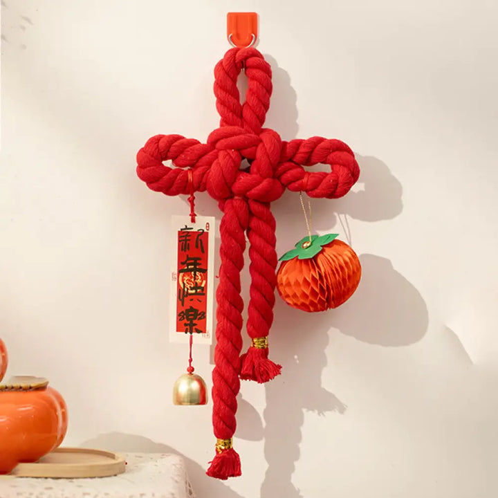 Buddha Stones Year of the Horse Dancing Lion Fu Character Chinese Knotting Fortune Decoration - Persimmon Small Size