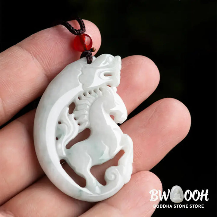 Buddha Stones Year of the Horse Dragon Jade Prosperity Rope Necklace Pendant - BWOOOH - Horse - Necklaces &amp; Pendants
