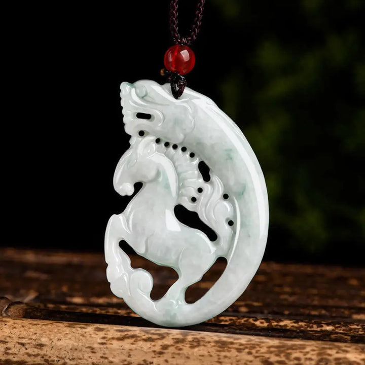 Buddha Stones Year of the Horse Dragon Jade Prosperity Rope Necklace Pendant - BWOOOH - Horse - Necklaces &amp; Pendants
