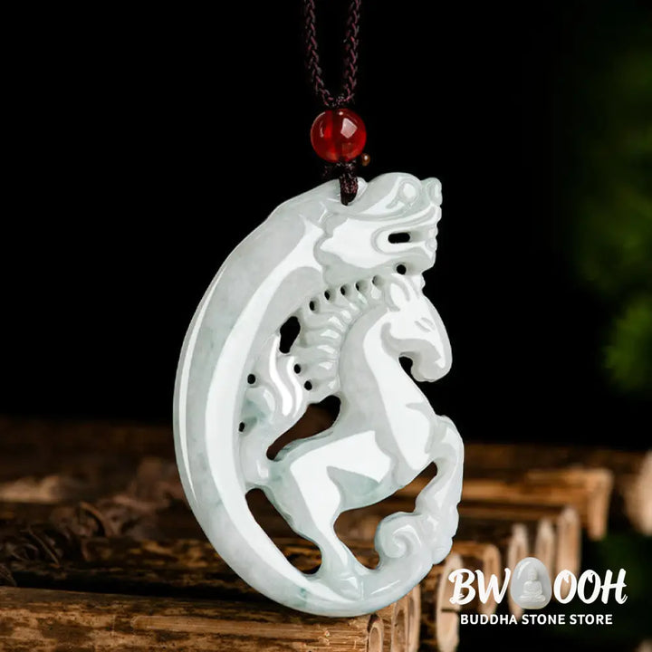 Buddha Stones Year of the Horse Dragon Jade Prosperity Rope Necklace Pendant - BWOOOH - Horse - Necklaces &amp; Pendants
