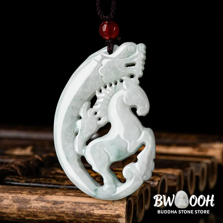 Buddha Stones Year of the Horse Dragon Jade Prosperity Rope Necklace Pendant - BWOOOH - Horse - Necklaces &amp; Pendants