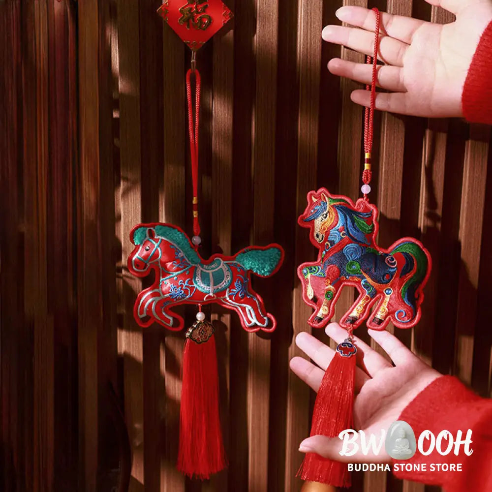 Buddha Stones Year Of The Horse Embroidery Bell Tassel Hanging Decoration - Hanging Decoration