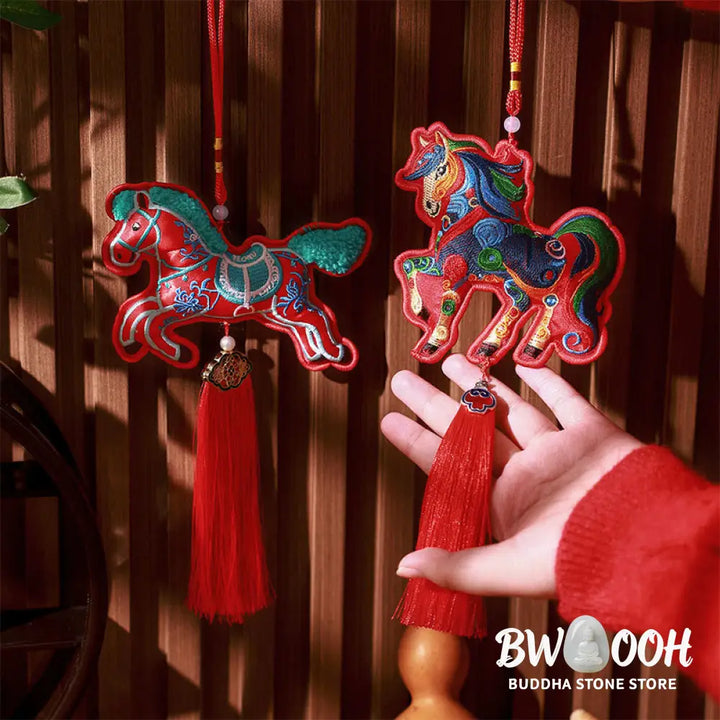Buddha Stones Year Of The Horse Embroidery Bell Tassel Hanging Decoration - Hanging Decoration