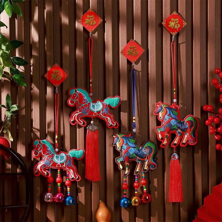 BWOOOH Year Of The Horse Embroidery Bell Tassel Hanging D