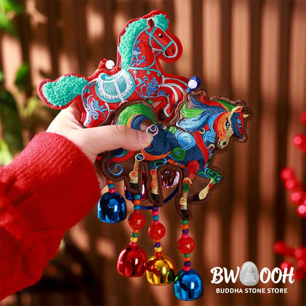 Buddha Stones Year Of The Horse Embroidery Bell Tassel Hanging Decoration - Hanging Decoration
