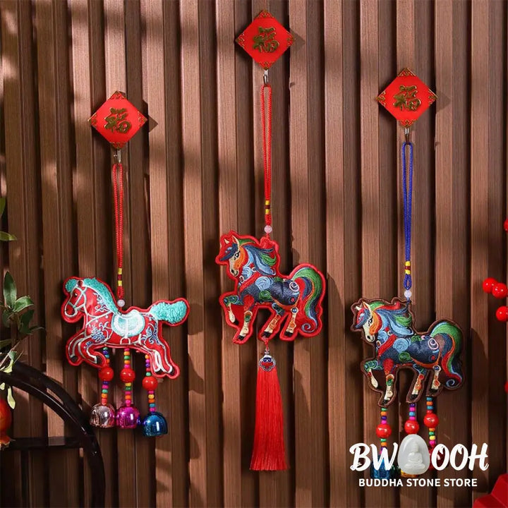 Buddha Stones Year Of The Horse Embroidery Bell Tassel Hanging Decoration - Hanging Decoration