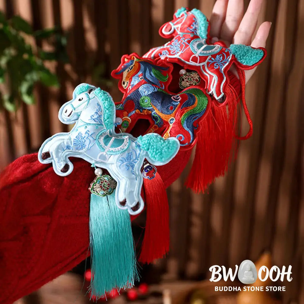 Buddha Stones Year Of The Horse Embroidery Bell Tassel Hanging Decoration - Hanging Decoration