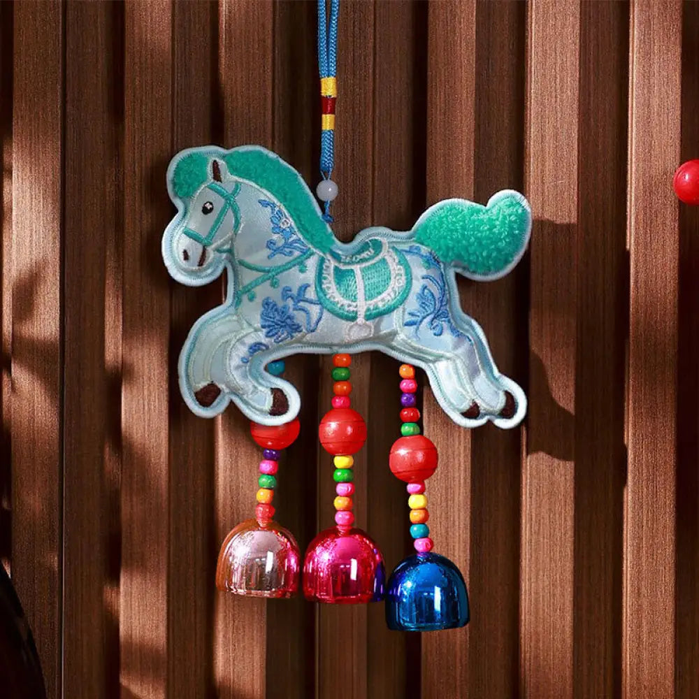 Buddha Stones Year Of The Horse Embroidery Bell Tassel Hanging Decoration - Blue Horse Bell(10*13cm) - Hanging