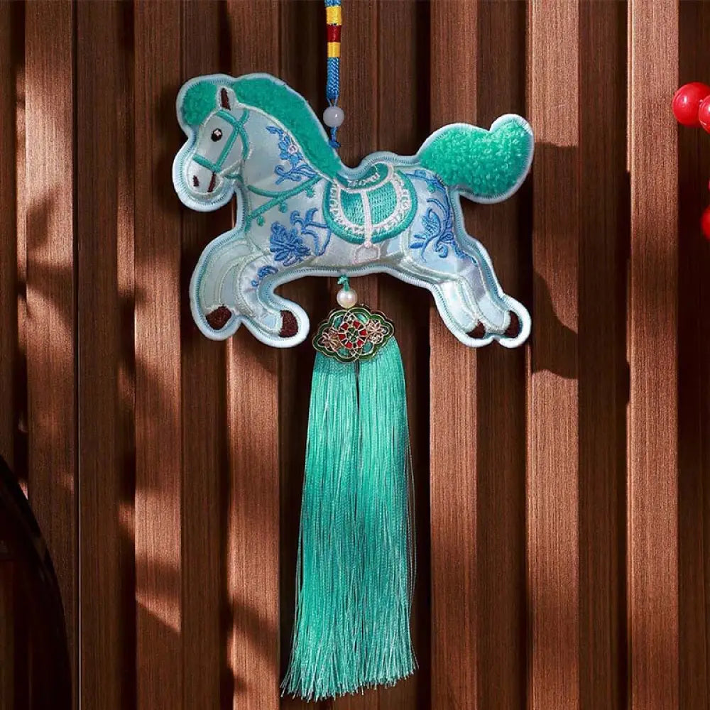 Buddha Stones Year Of The Horse Embroidery Bell Tassel Hanging Decoration - Blue Horse Tassel(10*13cm) - Hanging