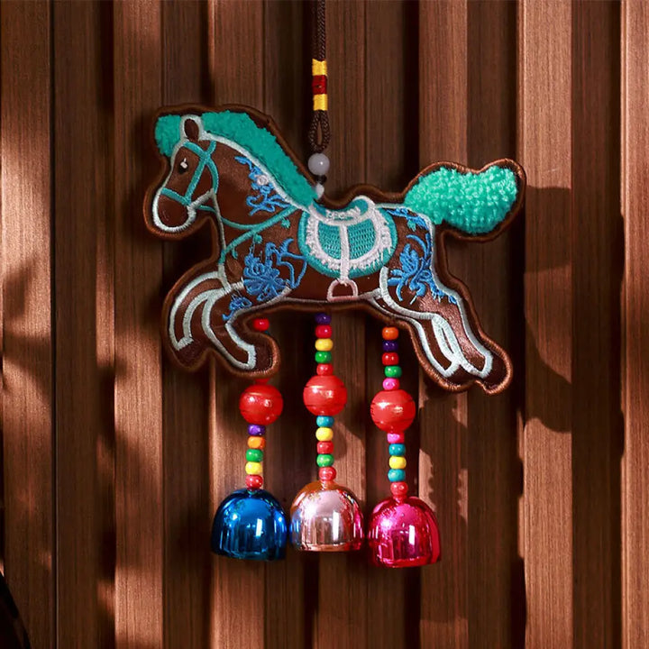 Buddha Stones Year Of The Horse Embroidery Bell Tassel Hanging Decoration - Brown Horse Bell(10*13cm) - Hanging