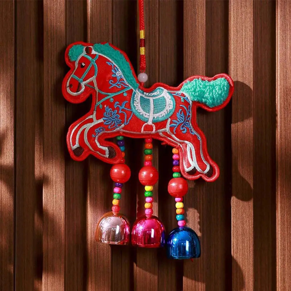 Buddha Stones Year Of The Horse Embroidery Bell Tassel Hanging Decoration - Red Horse Bell(10*13cm) - Hanging Decoration