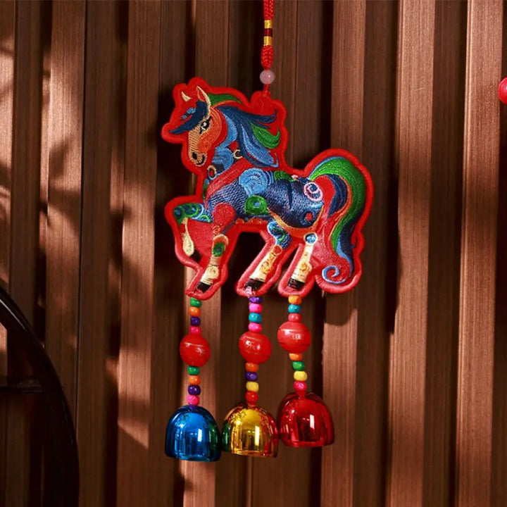 Buddha Stones Year Of The Horse Embroidery Bell Tassel Hanging Decoration - Red Background Colorful Horse Bell(10*13cm)
