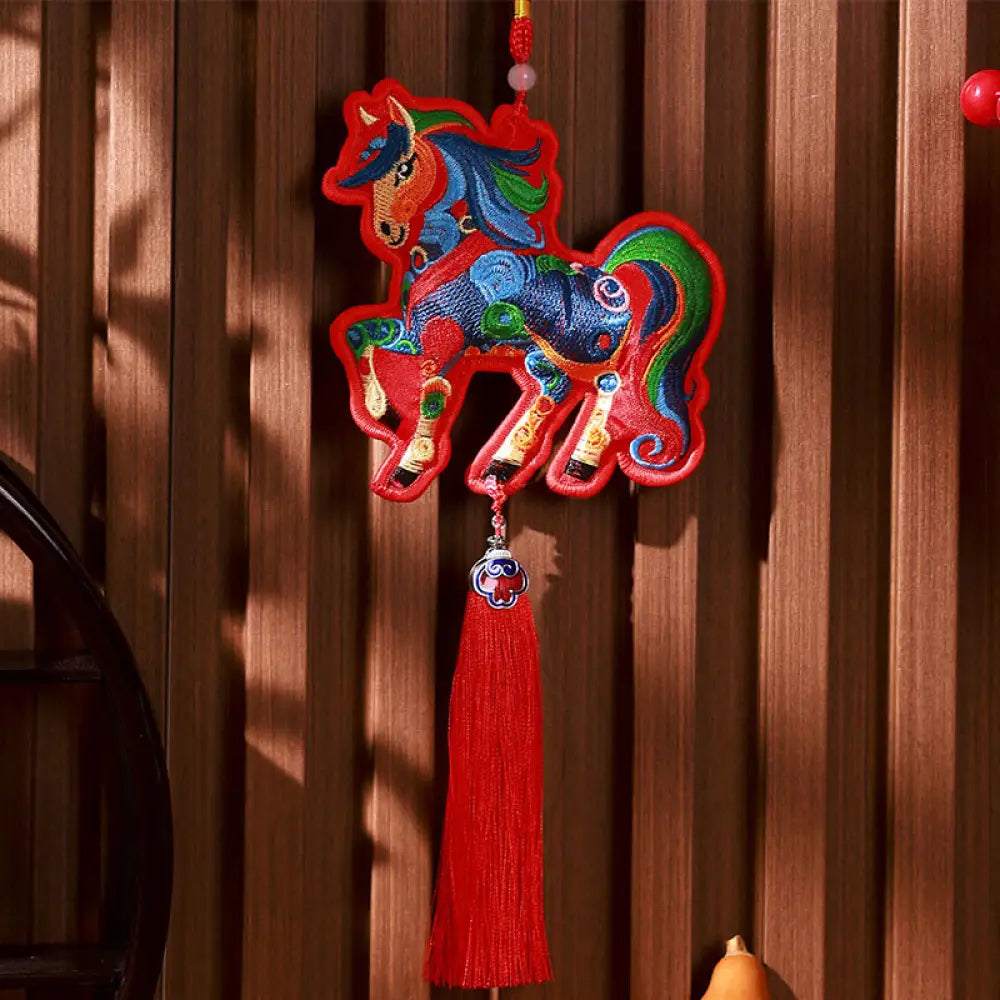 Buddha Stones Year Of The Horse Embroidery Bell Tassel Hanging Decoration - Red Background Colorful Horse