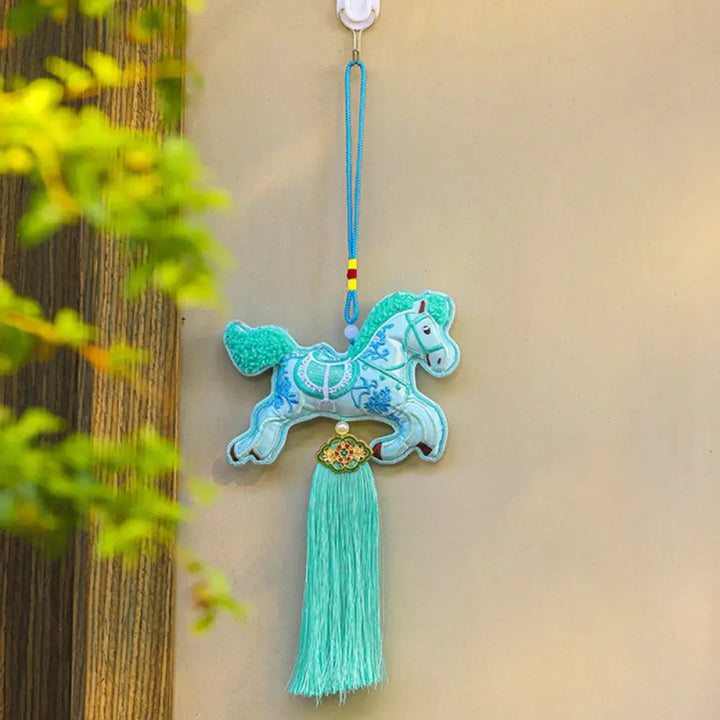 Buddha Stones Year Of The Horse Embroidery Copper Coins Bell Charm Tassel Wealth Success Hanging Decoration - Blue