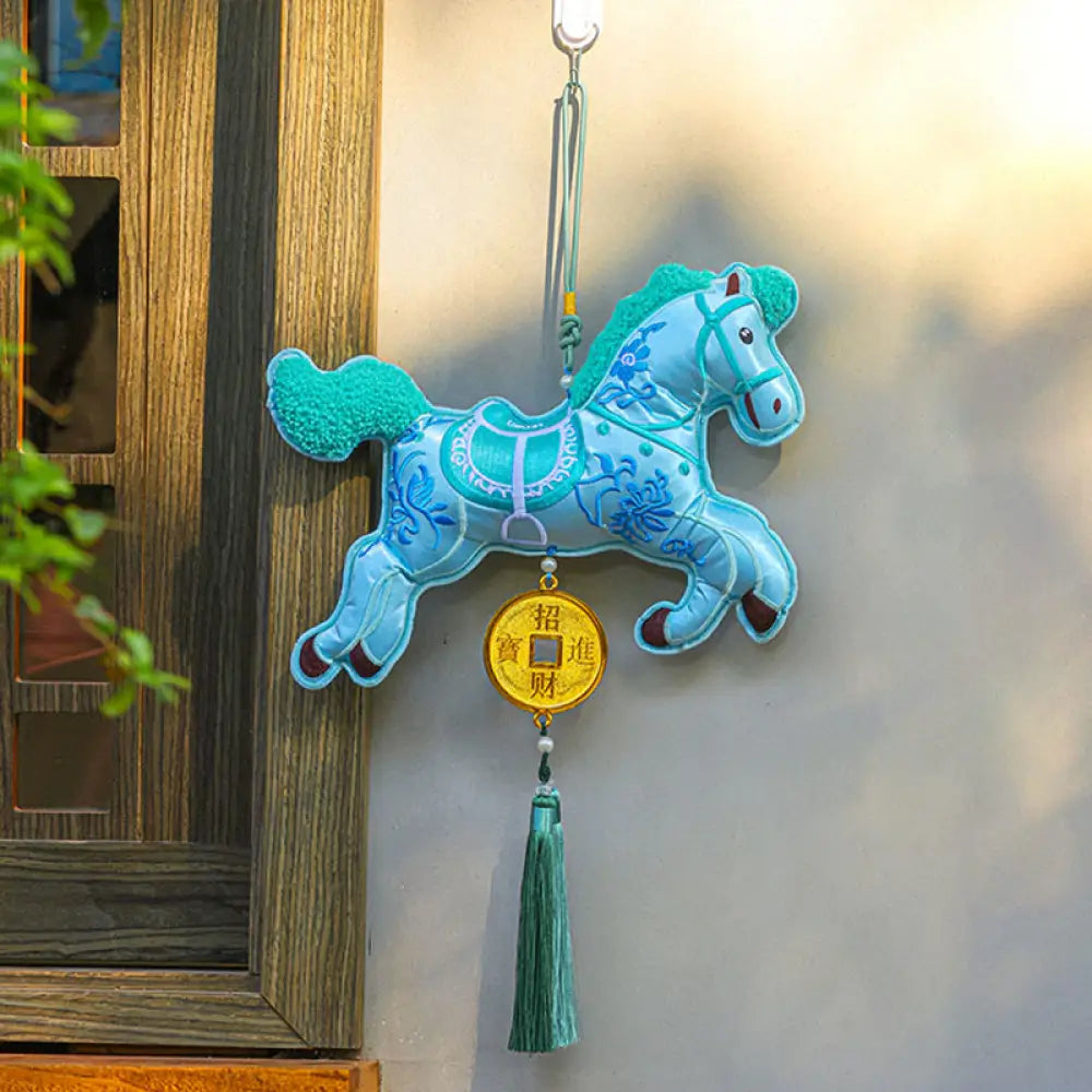 Buddha Stones Year Of The Horse Embroidery Copper Coins Bell Charm Tassel Wealth Success Hanging Decoration - Blue